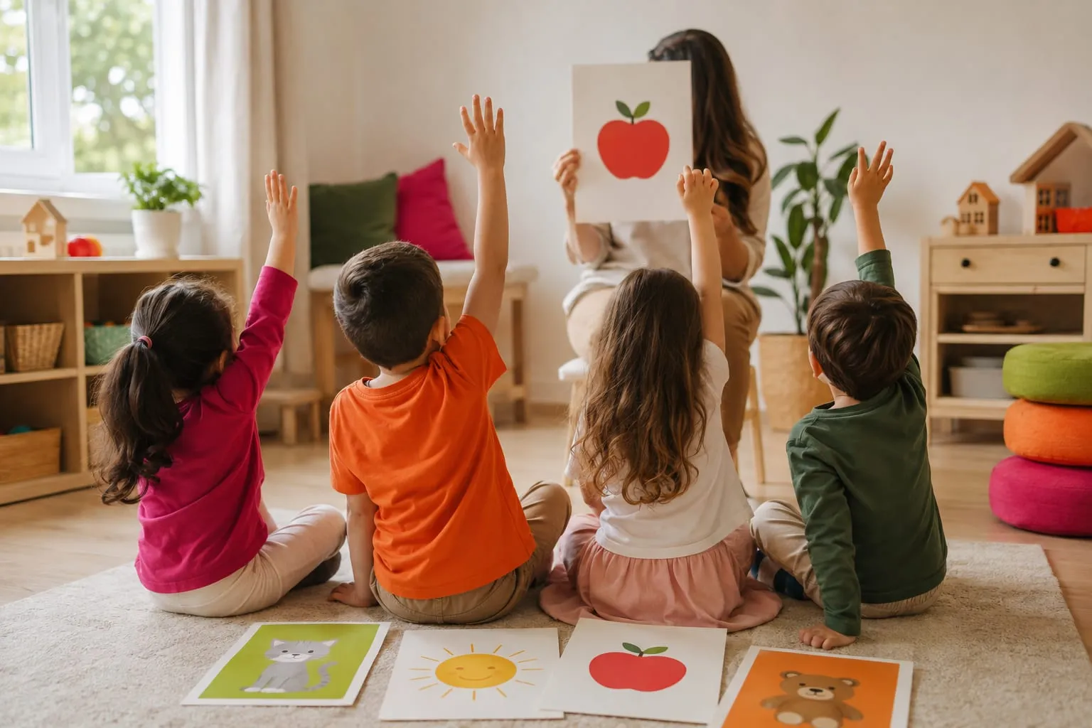 İngilizce dersinde görsel kartlarla çalışan okul öncesi çocuklar
