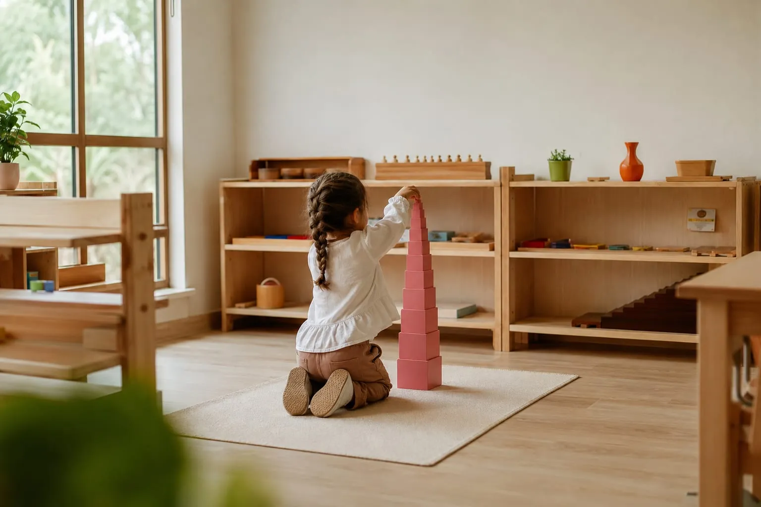 Montessori materyaliyle kendi başına çalışan anaokulu öğrencisi